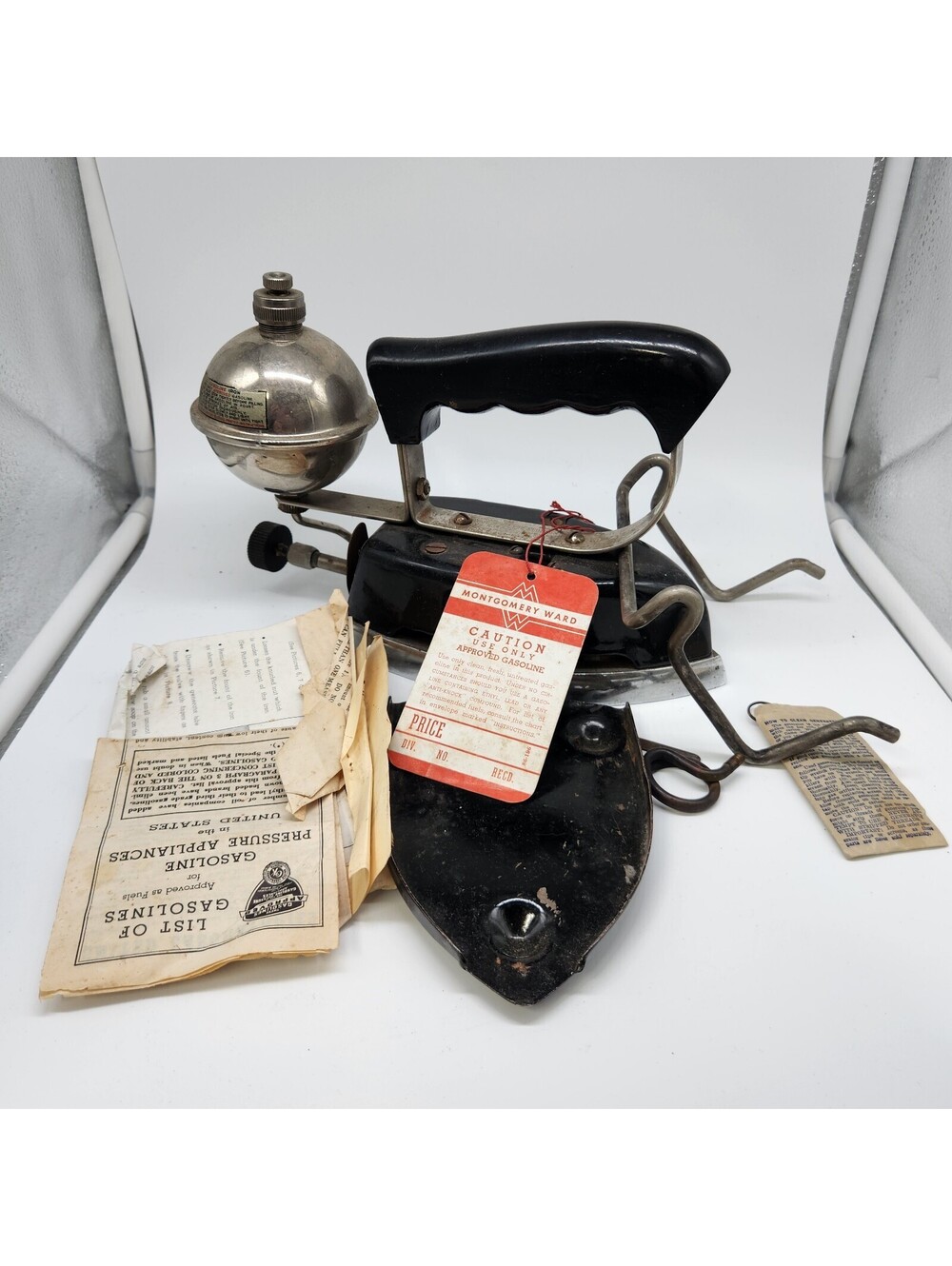 Vintage Montgomery Ward Gasoline Pressure Iron w/ Manuals Tags Accessories Works